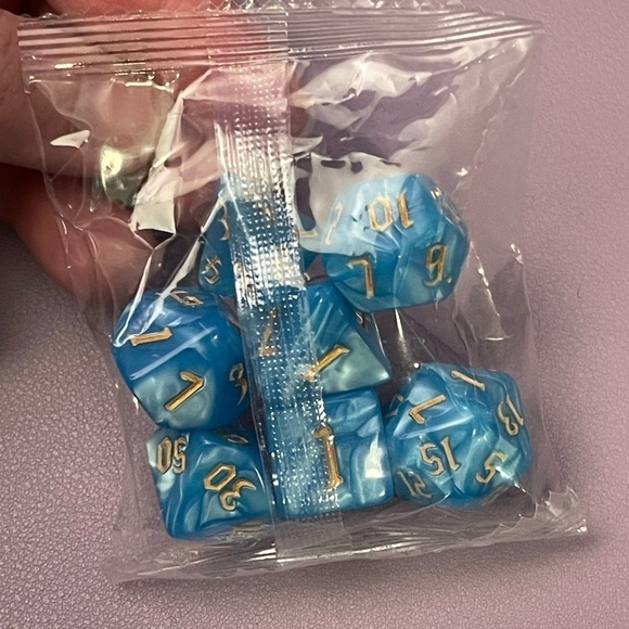 Blue Pearlized Swirl Acrylic 7 Piece Dice Set With Gold Inking - Picture 2 of 4